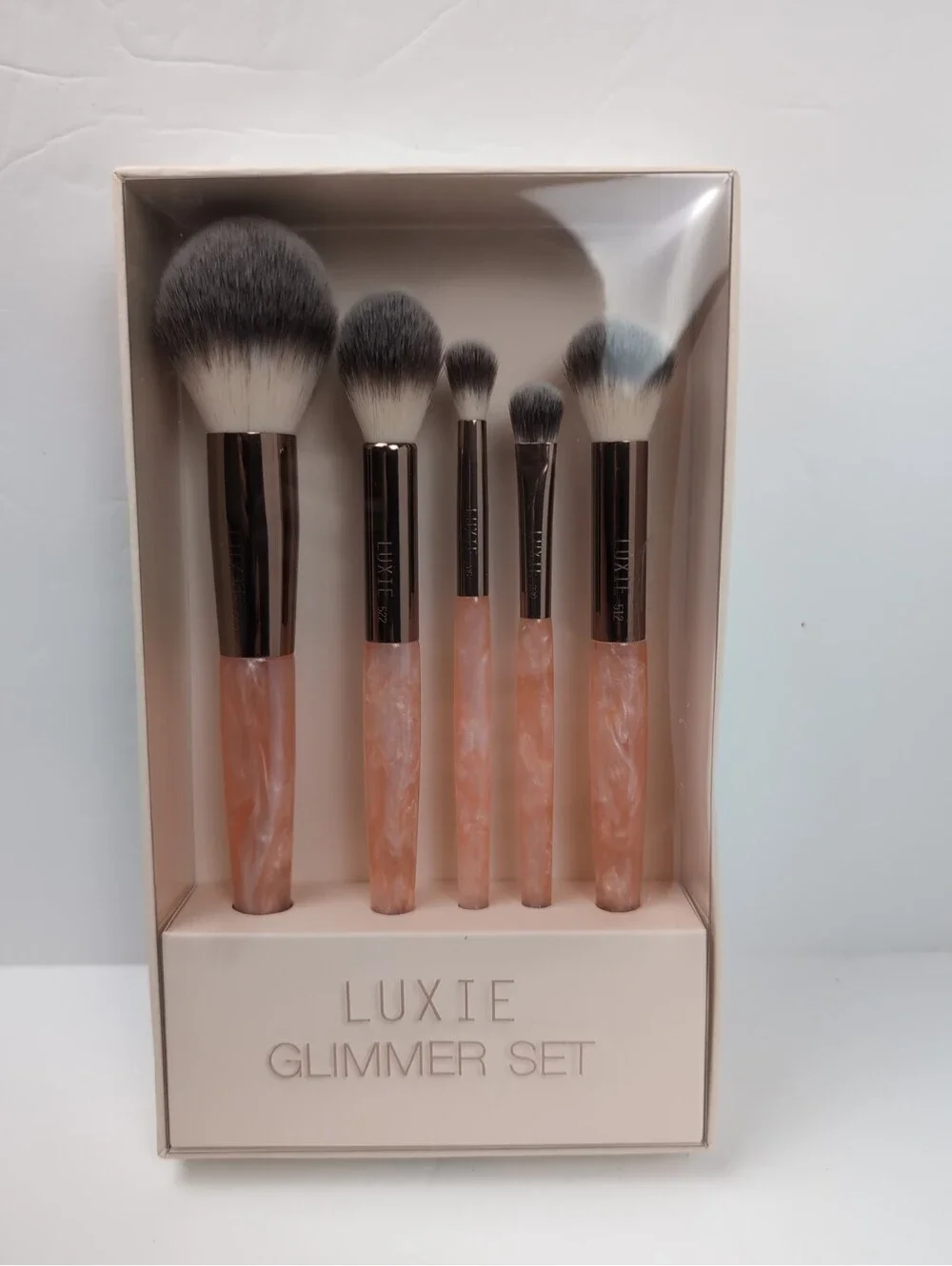 Luxie Glimmer Set, Rose Quartz, 5 Piece Cruelty Free Makeup Brush Set
